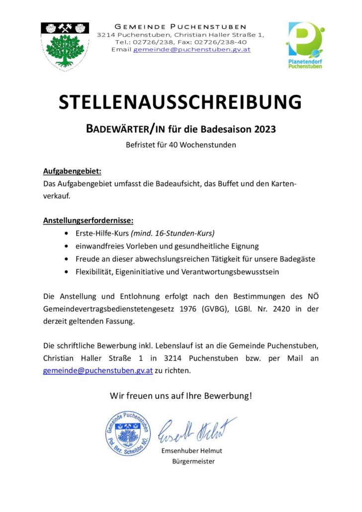 Stellenausschreibung als Badewärter/in im Freibad Puchenstuben für die Badesaison 2023
